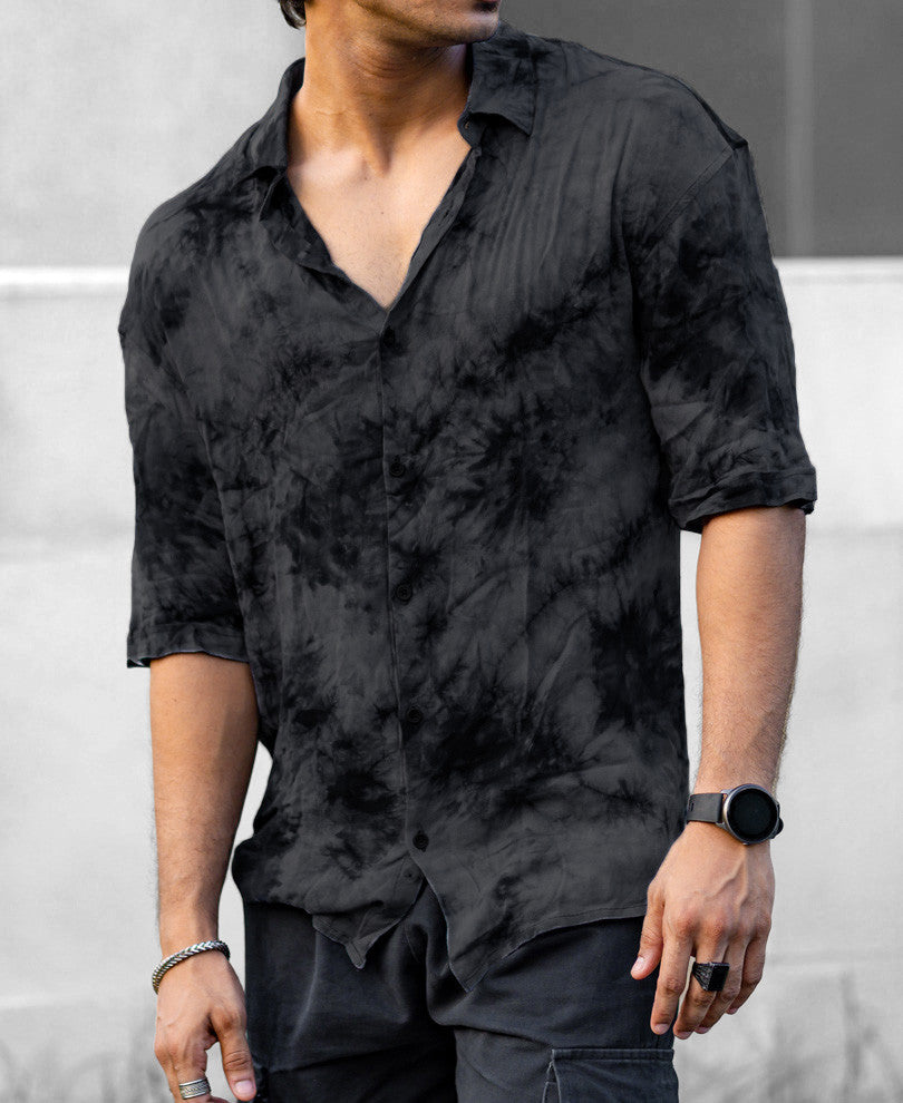 Dark Grey Tie-Dye Print Oversize Drop Shoulder Shirt