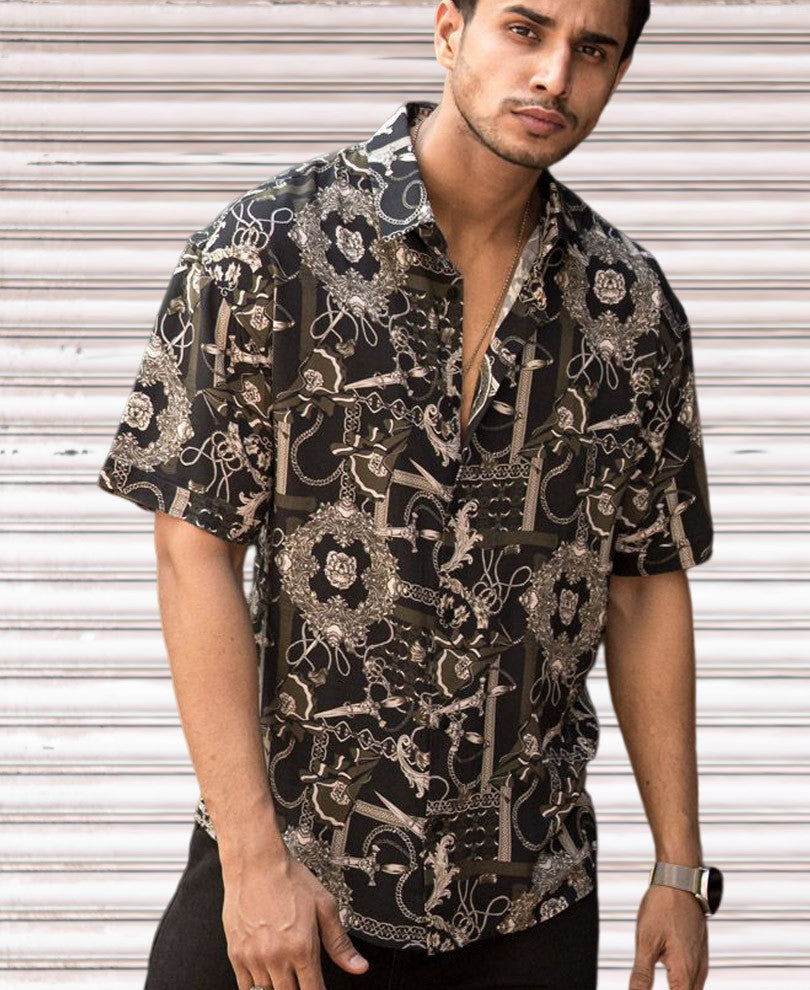 Olive Green Vintage Print Half Sleeves Shirt