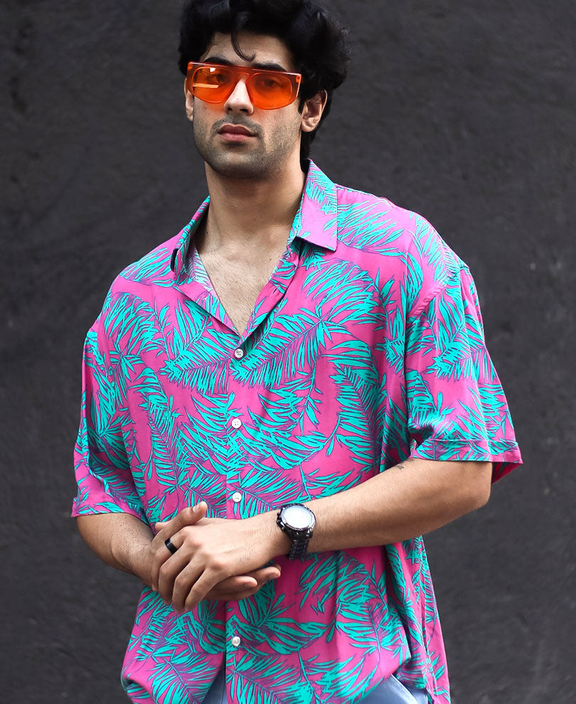 Pink And Green Leaves Print Oversize Drop Shoulder Shirt
