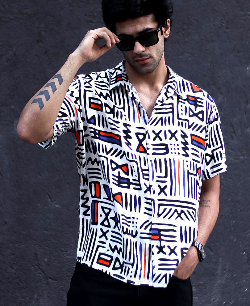 White Geometric Print Half Sleeves Shirt