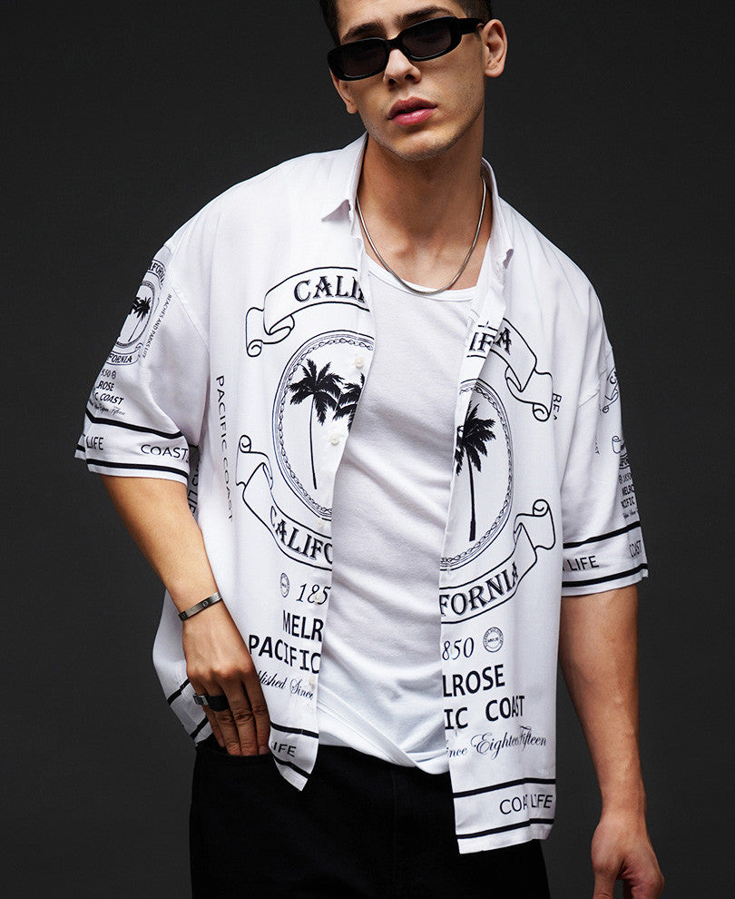 White California Print Oversize Drop Shoulder Shirt