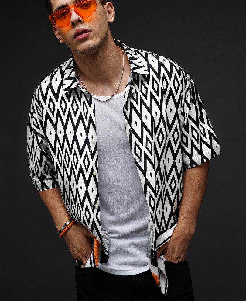 White Geo Print Oversize Drop Shoulder Shirt