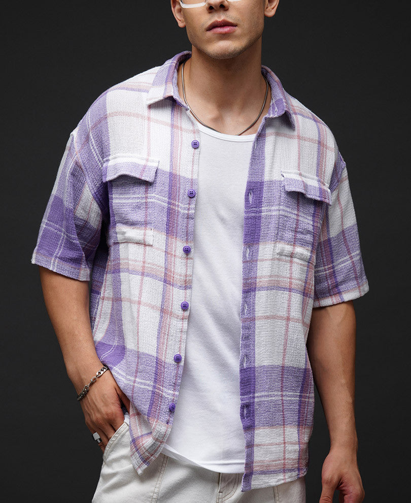 Purple Pocket Check Oversize Drop Shoulder Shirt