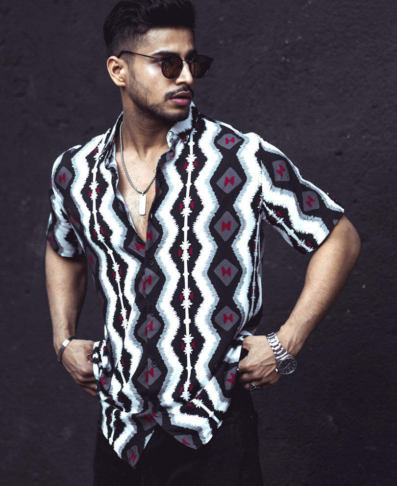 Black Ikat Print Half Sleeves Shirt