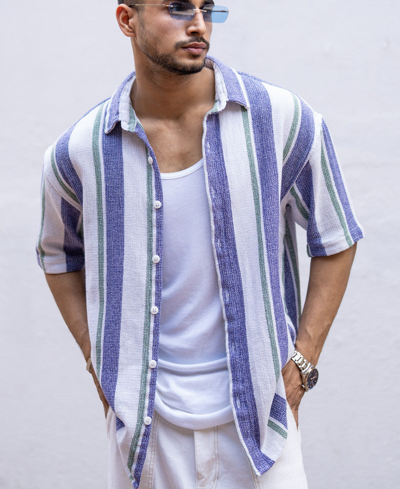 Purple Vertical Stripes Structured Oversize Drop Shoulder Shirt