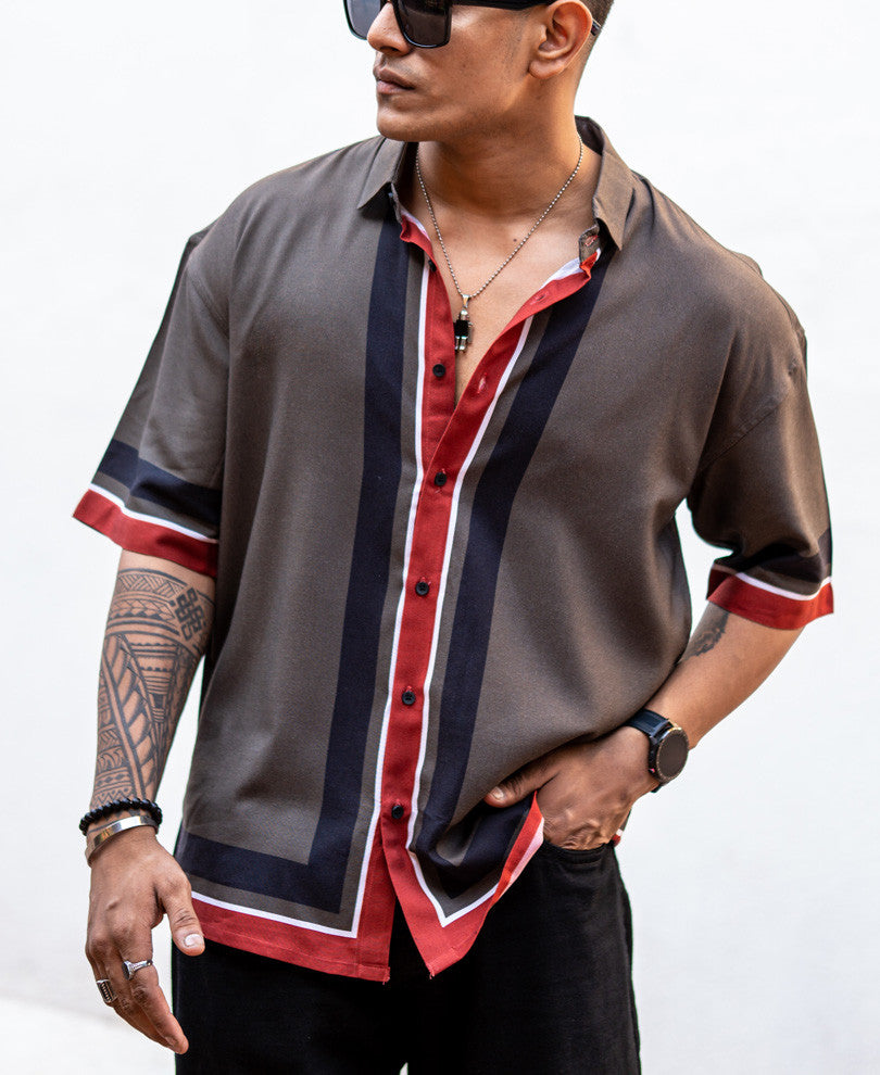 Dark Grey Bottom Striped Oversize Drop Shoulder Shirt