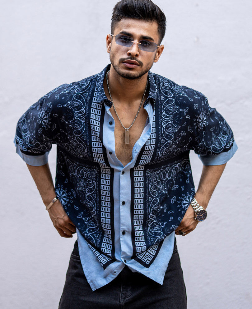 Navy Blue Paisley Print Oversize Drop Shoulder Shirt