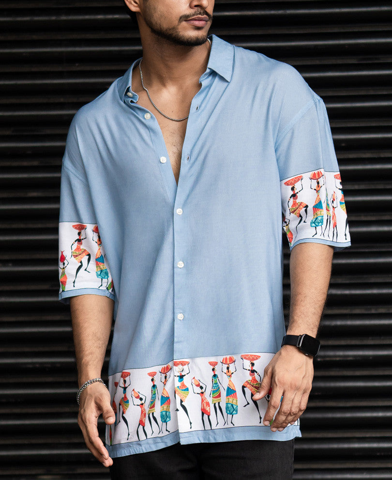 Light Blue Warli Print Oversize Drop Shoulder Shirt