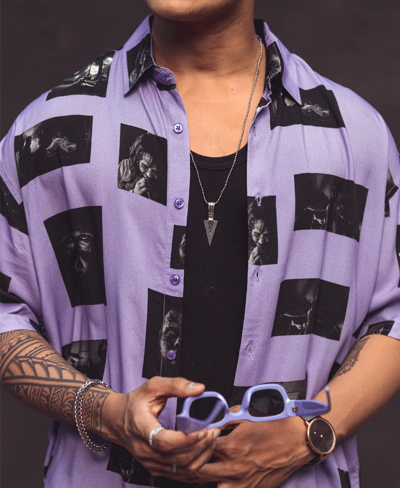 Purple Exorcism Print Oversize Drop Shoulder Shirt