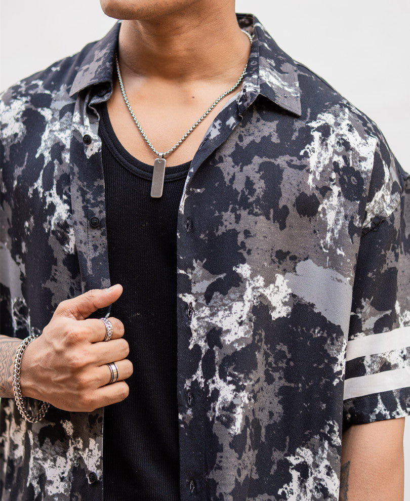 Black Tie Dye Print Oversize Drop Shoulder Shirt