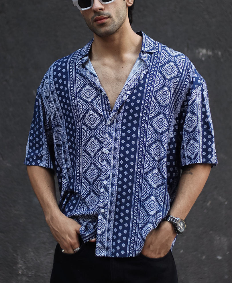 Navy Blue Ethnic Print Oversize Drop Shoulder Shirt