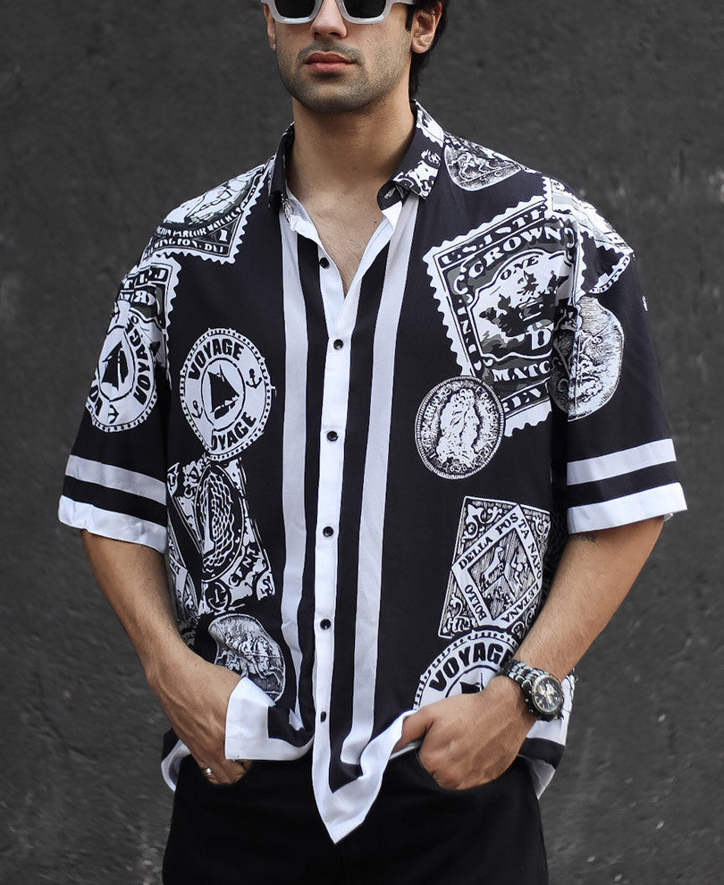 Black Voyage Print Oversize Drop Shoulder Shirt