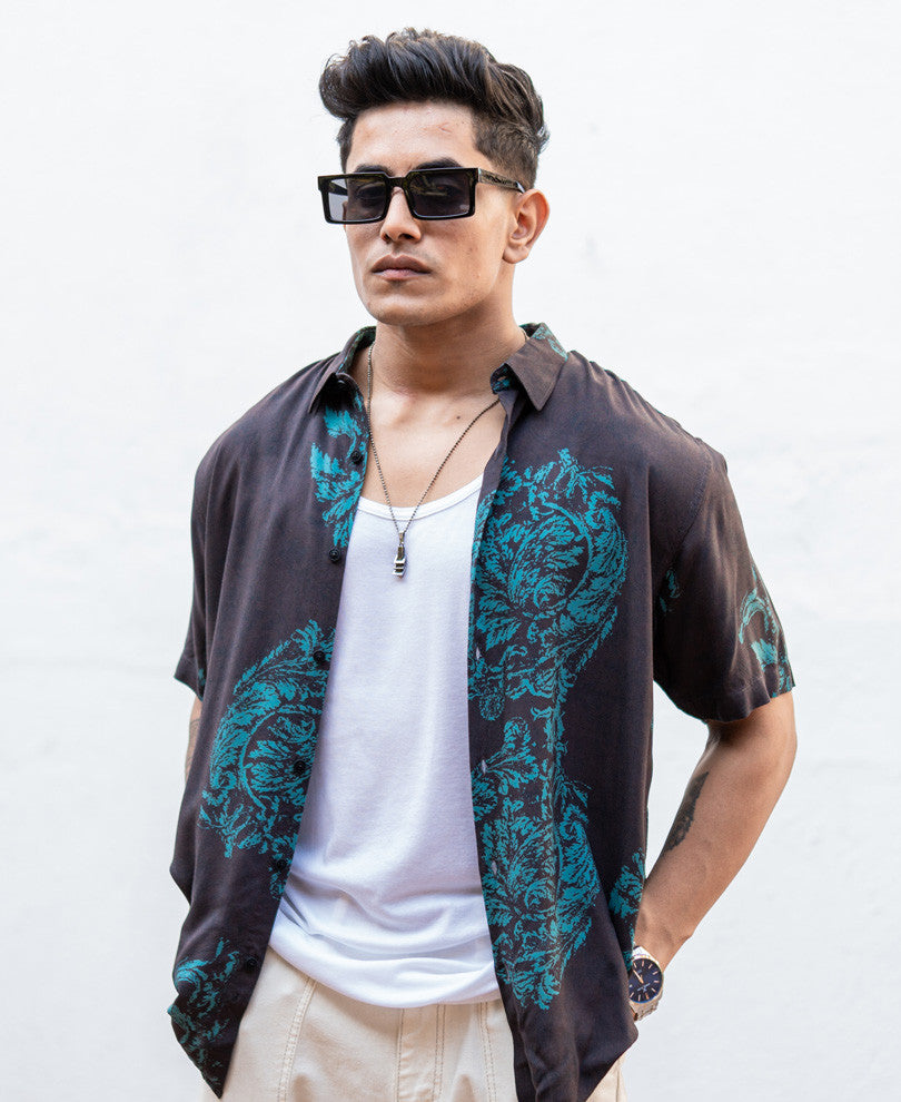 Black Flowers Print Half Sleeves Shirt