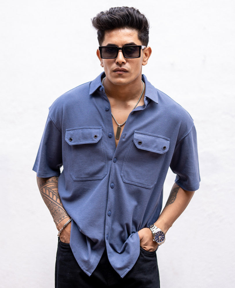 Grey Flap Pocket Knitted Oversize Drop Shoulder Shirt