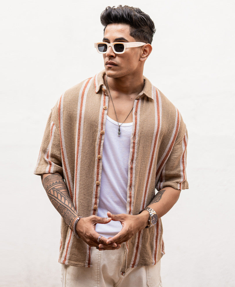 Beige Striped Structured Oversize Drop Shoulder Shirt