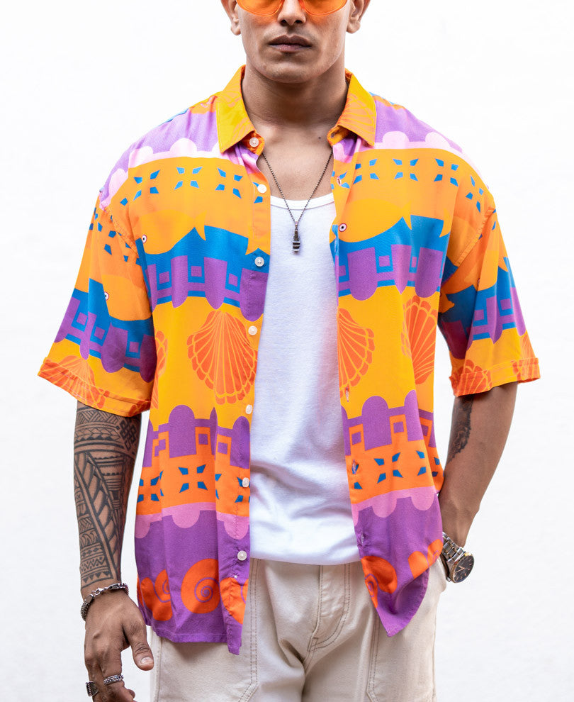 Multi Color Seashell Print Oversize Drop Shoulder Shirt