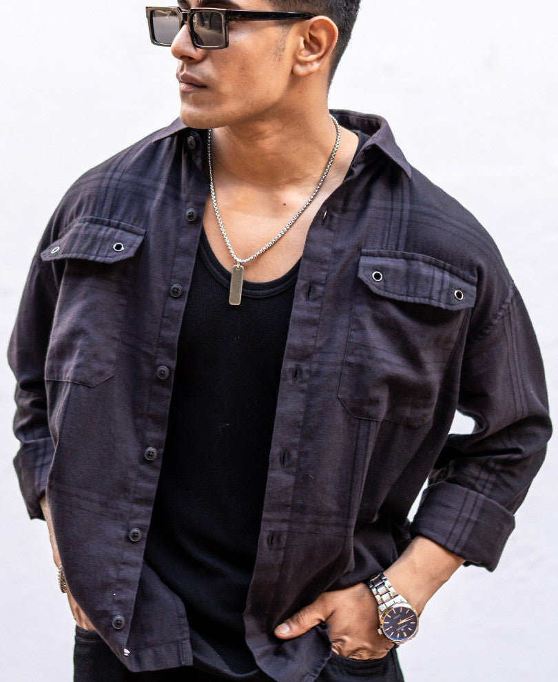 Dark Grey Double Pocket Checks Oversize Drop Shoulder Shirt