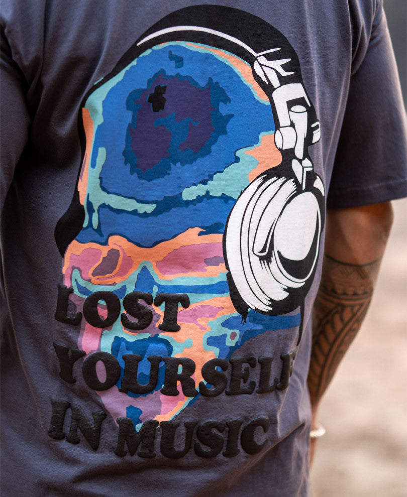 Dark Grey Lost Yourself In Music Back Print Oversize Drop Shoulder T Shirt
