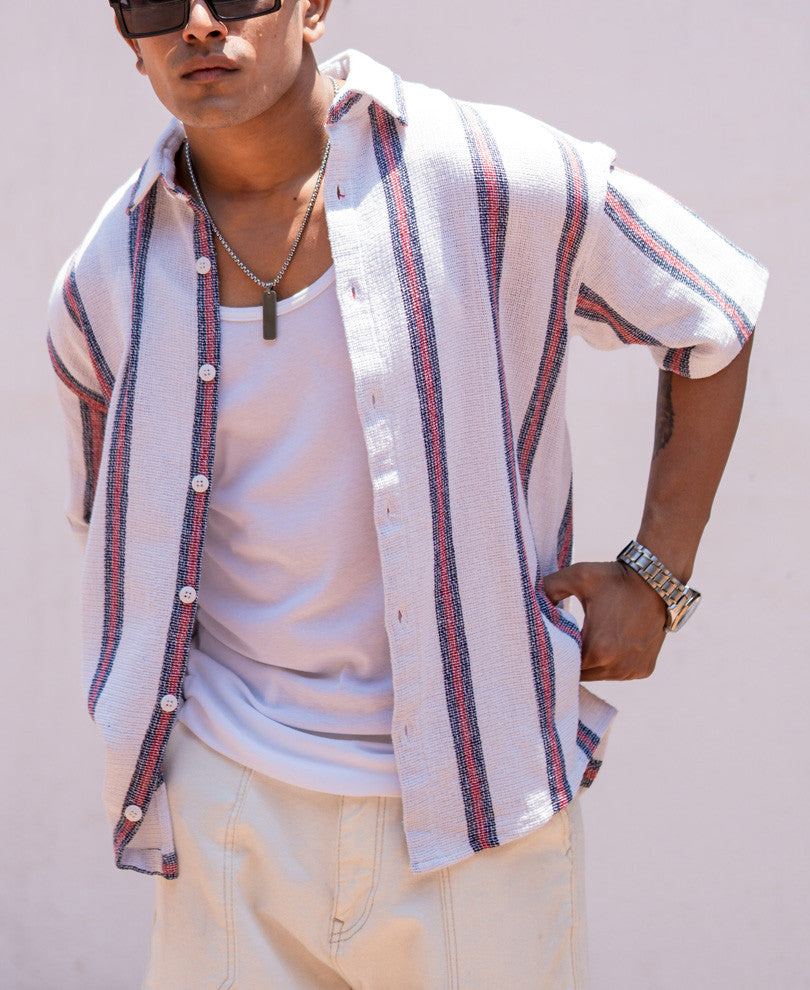 White Striped Structured Oversize Drop Shoulder Shirt