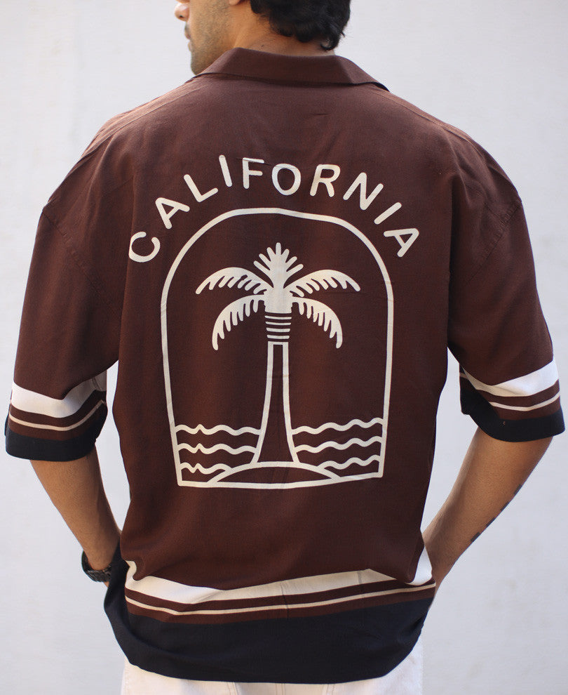 Brown California Back Print Oversize Drop Shoulder Shirt