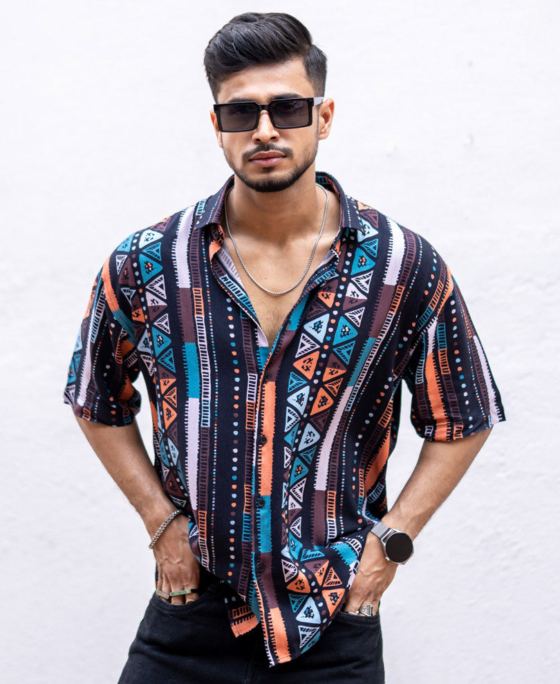Multi Color Ethnic Print Oversize Drop Shoulder Shirt