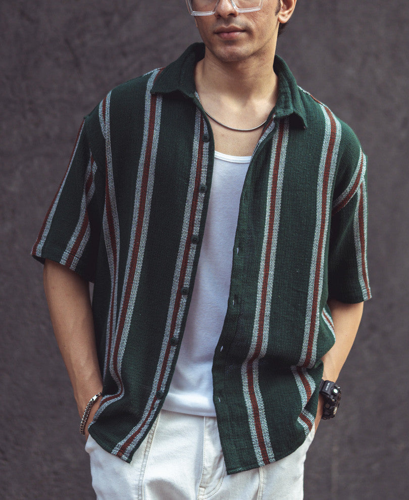 Olive Green Vertical Stripes Oversize Drop Shoulder Shirt