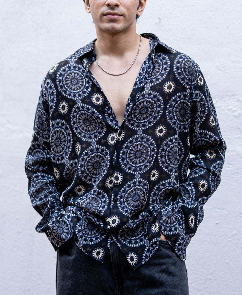 Navy Blue Floral Print Full Sleeves Shirt