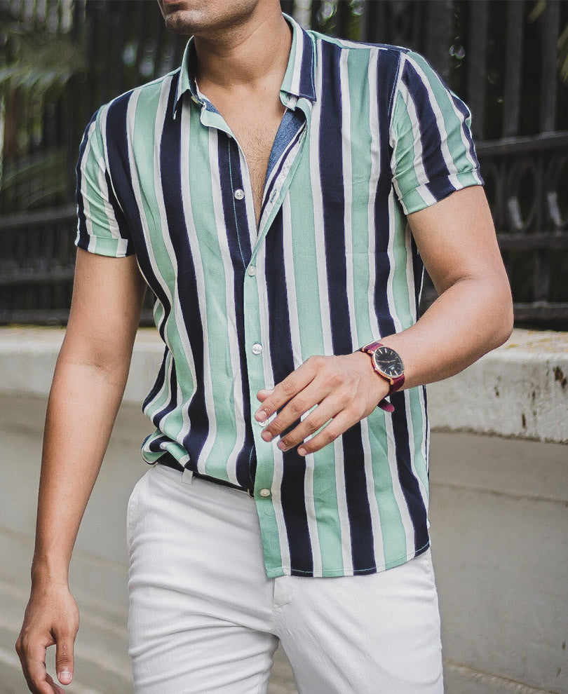 Pista Green Stripes Half Sleeves Shirt