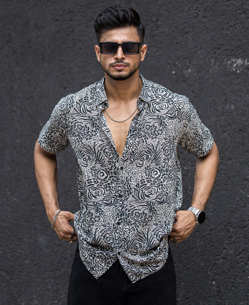 Black And White Animal Print Half Sleeves Shirt