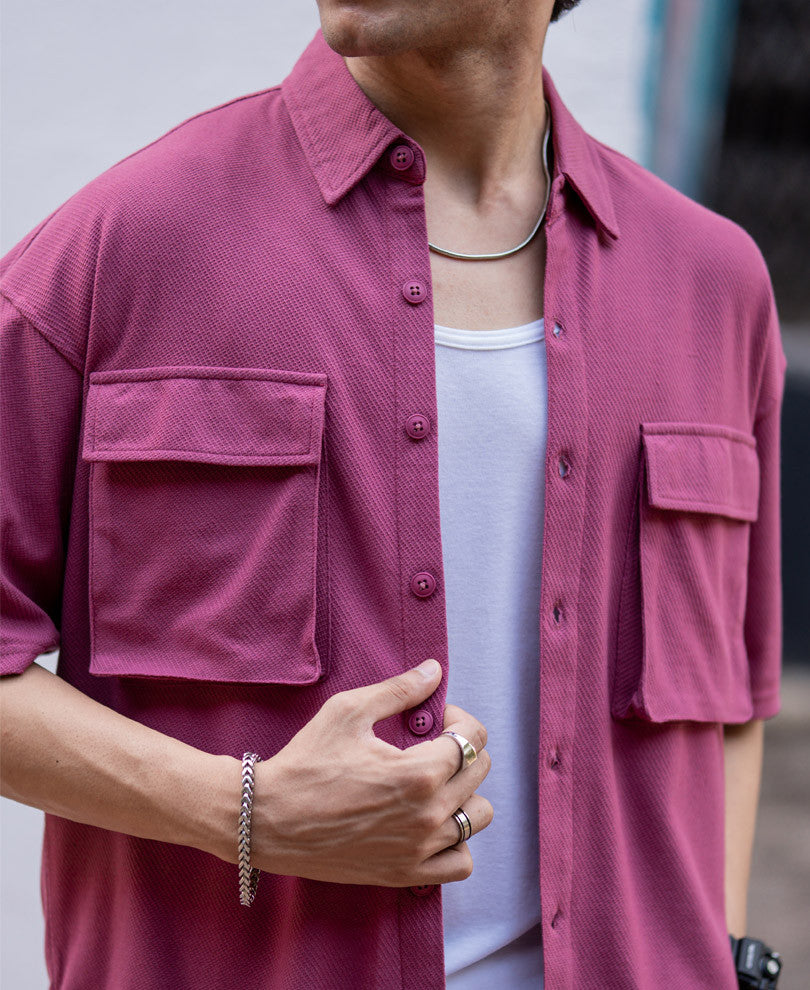 Pink Chest Pocket Knitted Oversize Drop Shoulder Shirt