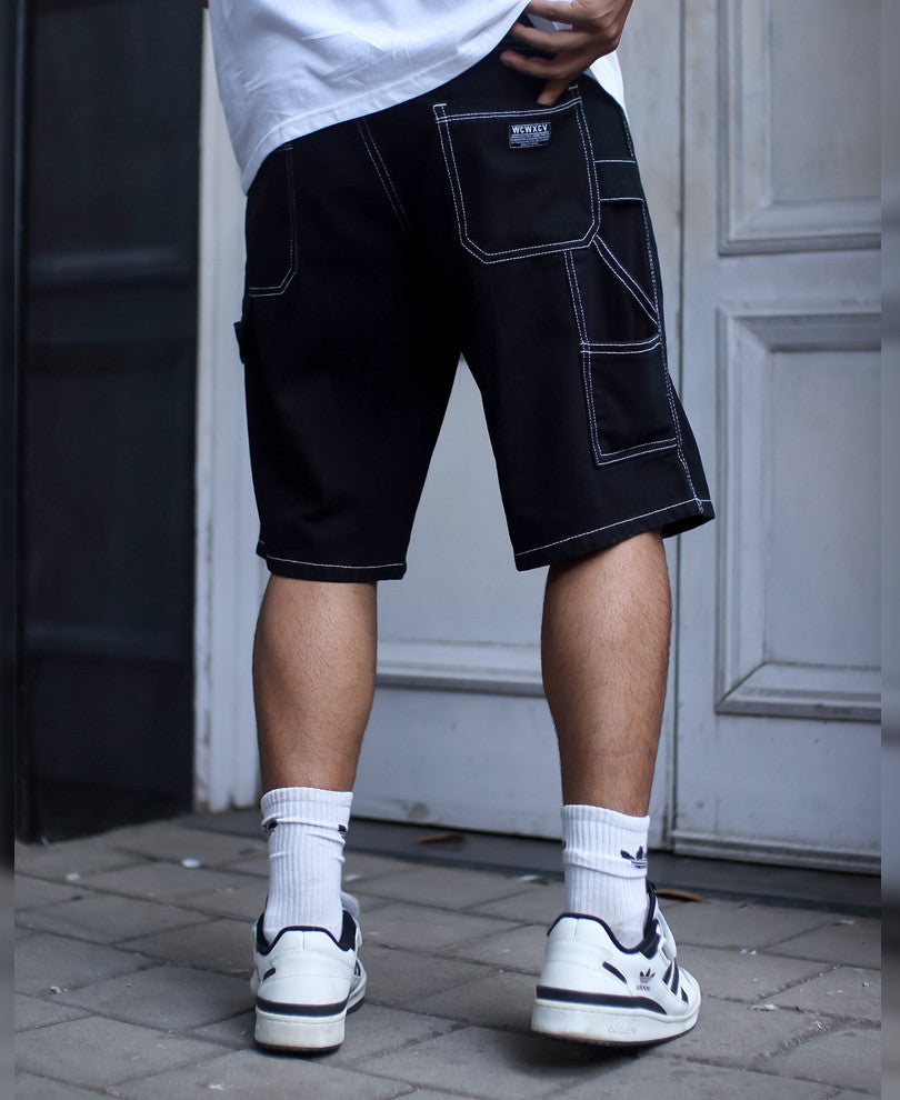 Black Contrast Stitch Jeans Shorts