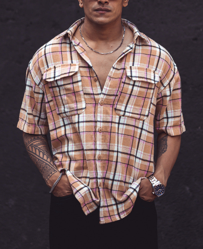 Cream Flap Pocket Checks Oversize Drop Shoulder Shirt
