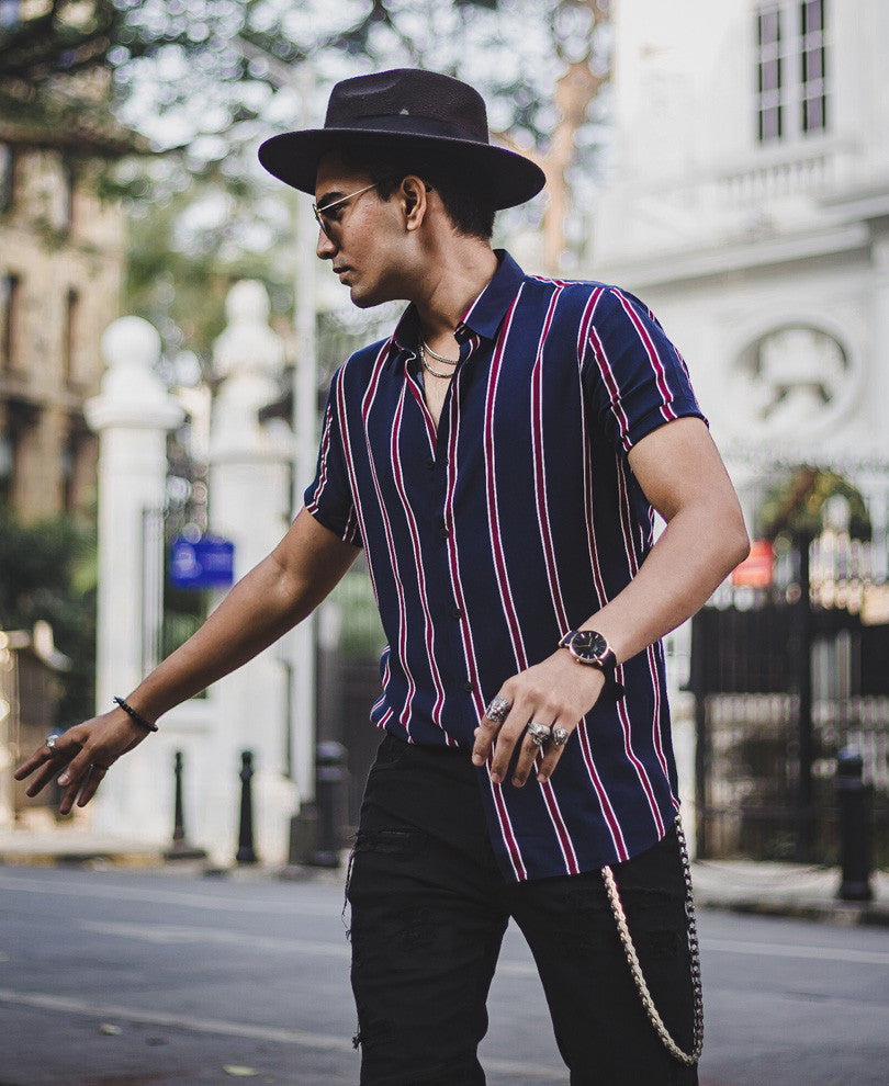 Navy Blue and Red Vertical Stripes Half Sleeves Shirt