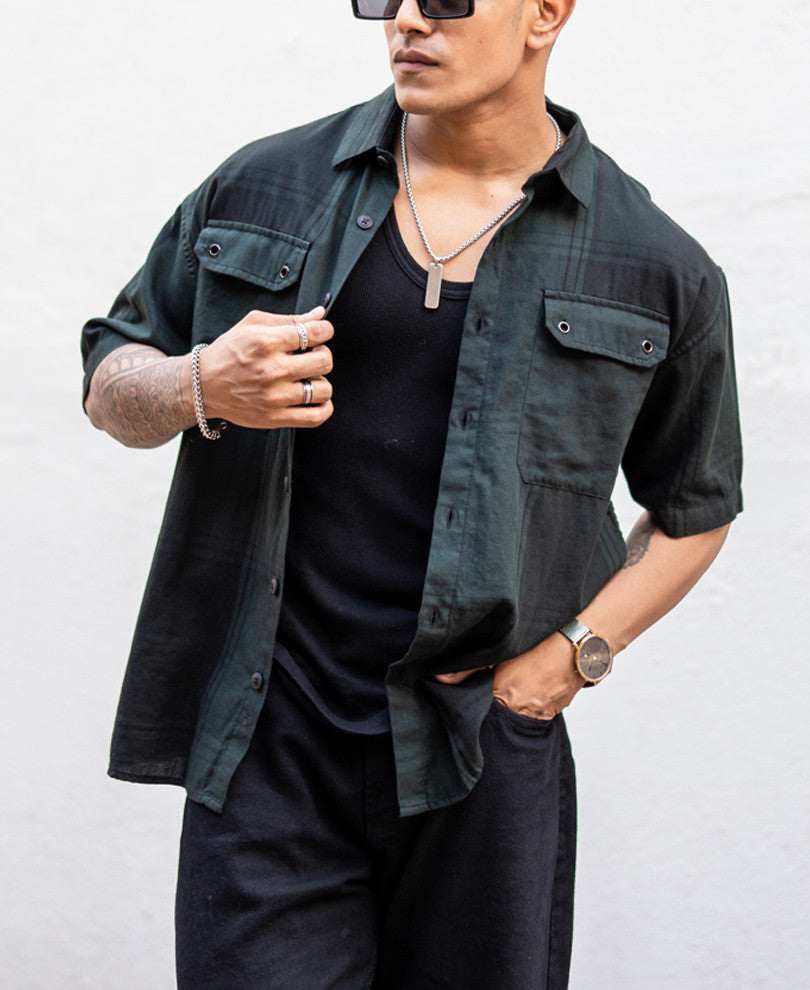 Olive Green Double Pocket Checks Oversize Drop Shoulder Shirt