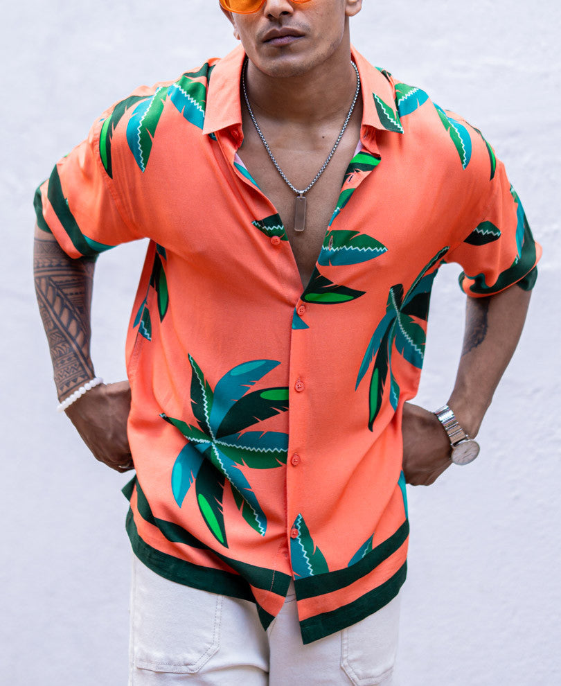 Orange Palm Leaves Print Oversize Drop Shoulder Shirt