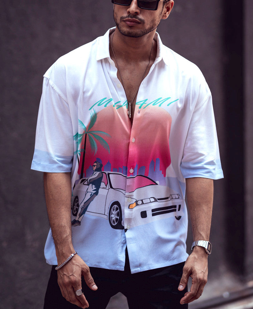 White Miami Print Oversize Drop Shoulder Shirt