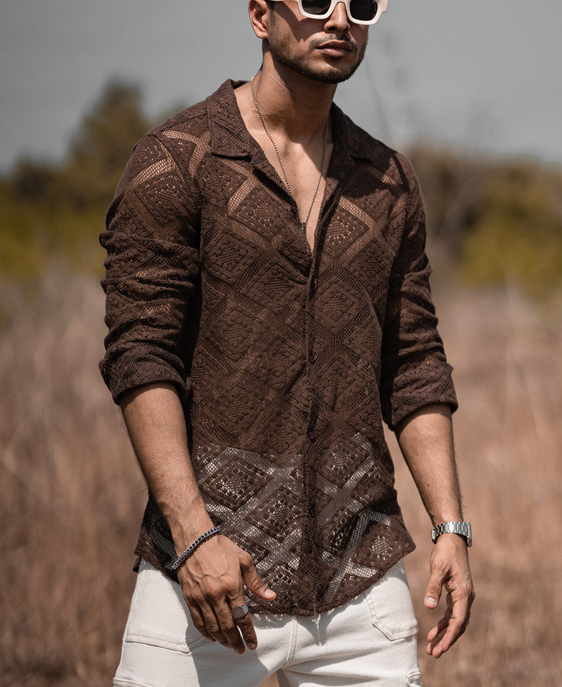 Dark Brown Sheer Pattern Full Sleeves Shirt