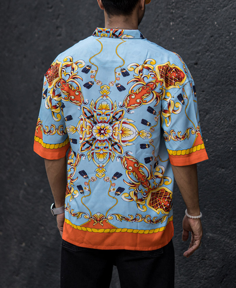 Sky Blue Vintage Print Oversize Drop Shoulder Shirt