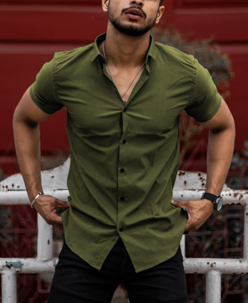 Urban Olive Green Stretchable Solid Half Sleeves Shirt