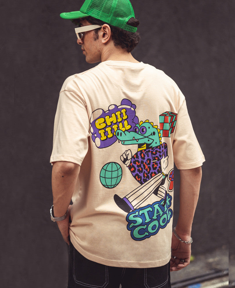 Beige Stay Cool Back Print Oversize Drop Shoulder Tshirt