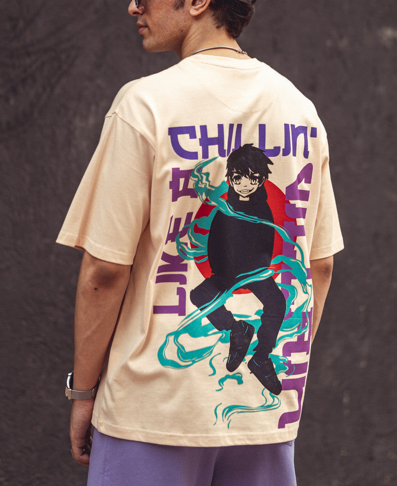 Beige Chillin' Back Print Oversize Drop Shoulder Tshirt