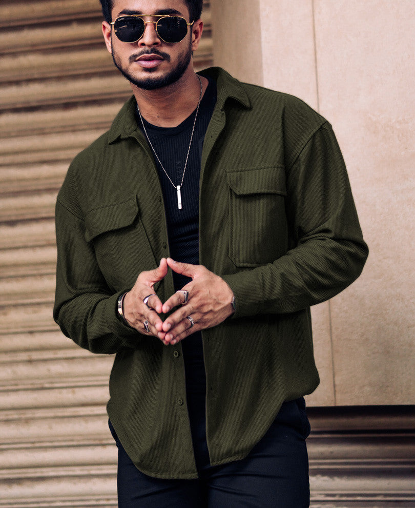 Olive Green Chest Pocket Shacket Oversize Drop Shoulder Shirt