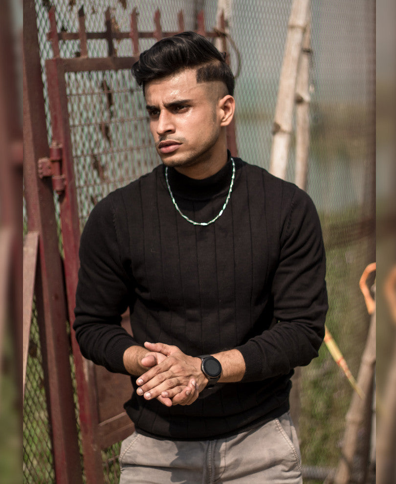 Black Knitted High Neck Full Sleeves T Shirt