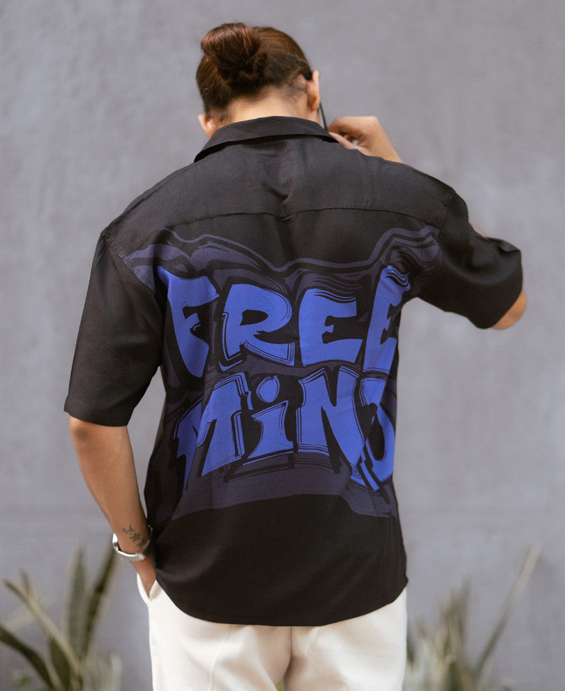 Black Free Mind Back Print Oversize Drop Shoulder Shirt