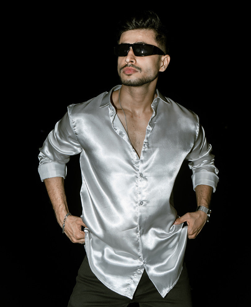 Silver Color Satin Full Sleeves Shirt