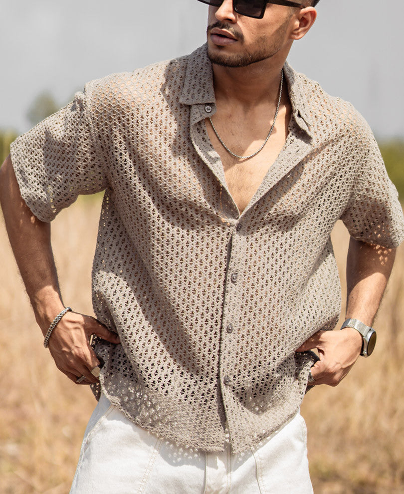 Light Grey Sheer Pattern Oversize Drop Shoulder Shirt