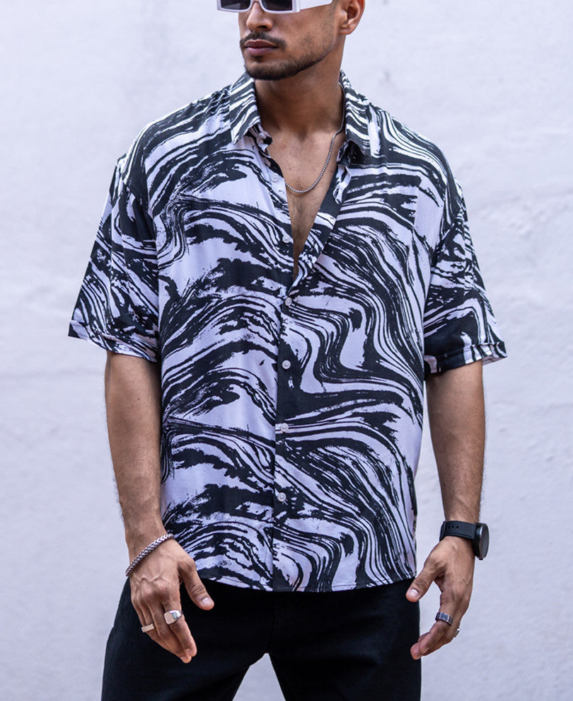 Black Abstract Print Oversize Drop Shoulder Shirt