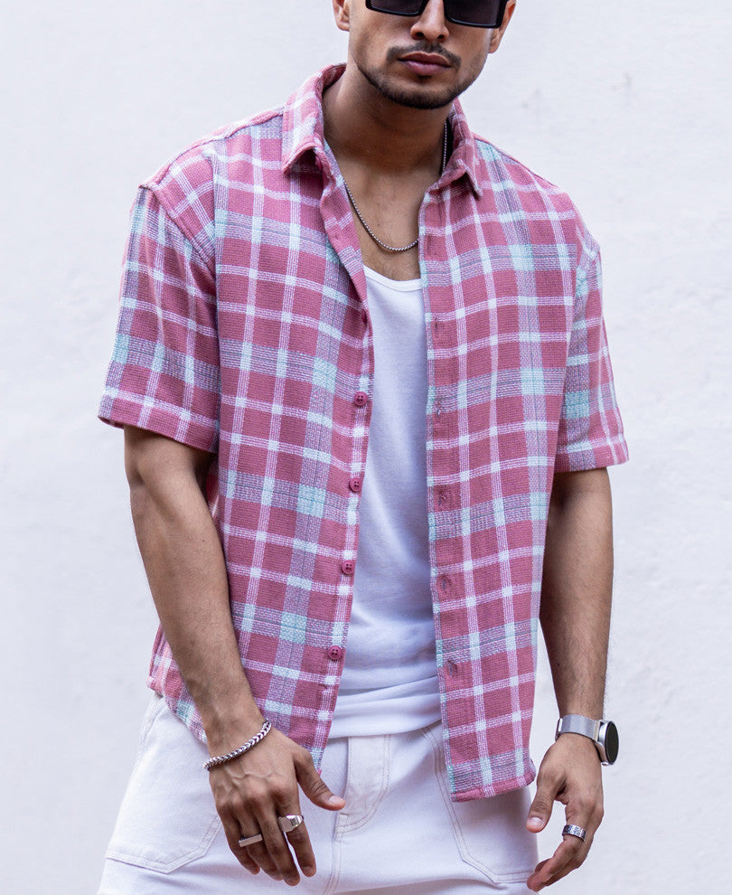 Light Maroon Checks Oversized Drop Shoulder Shirt