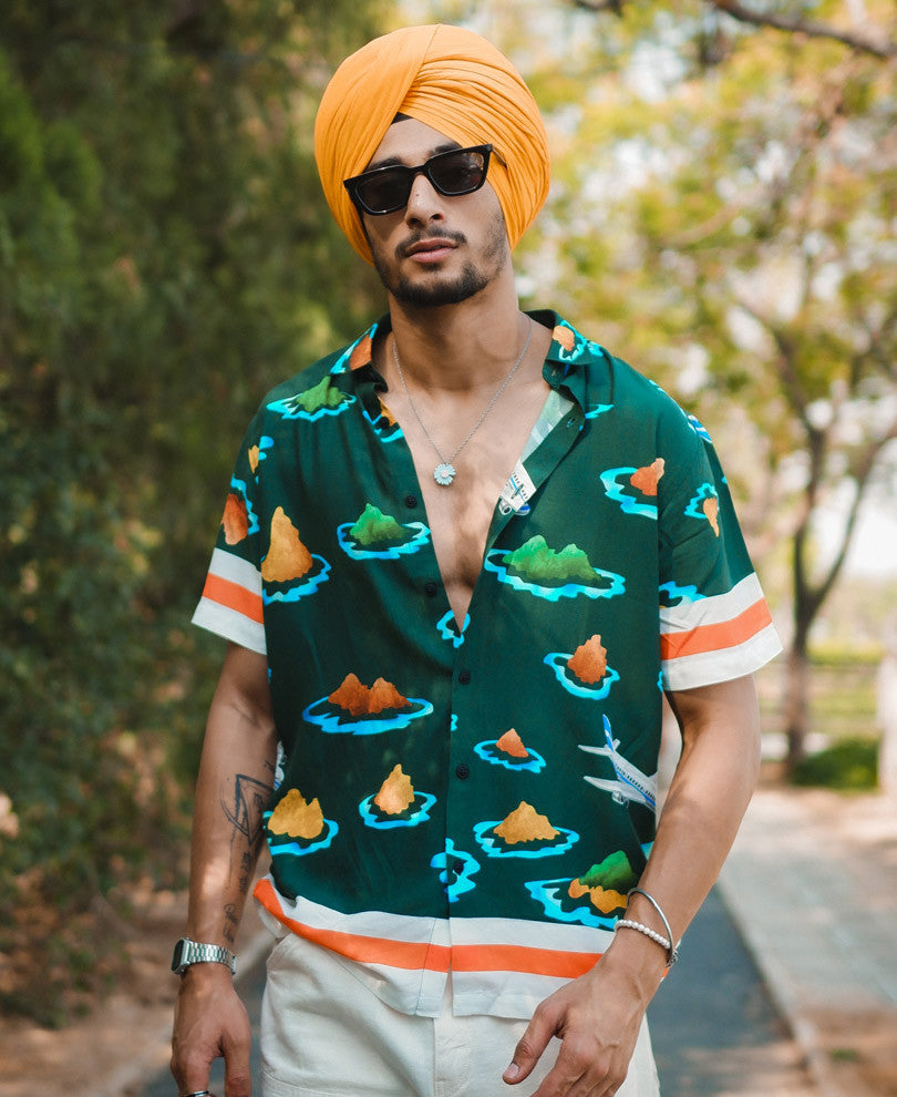 Green Hawaiian Print Half Sleeves Shirt