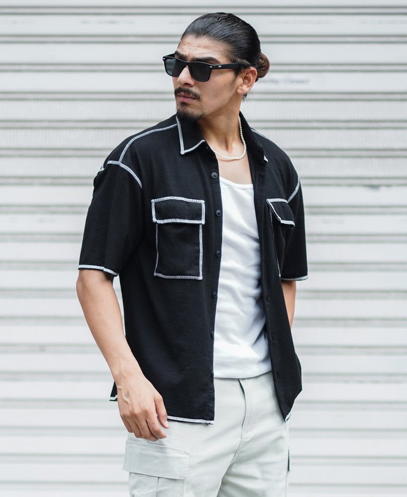 Black Contrast Stitch Oversize Drop Shoulder Shirt